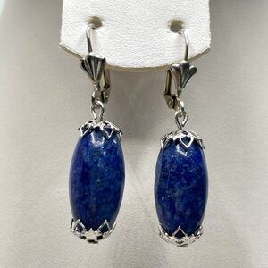 Artisan Lapis Lazuli Beaded Silver Tone Dangle Lever Back Earrings Boho Timeless